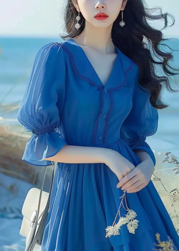 FLYTONN- Elegant Blue Peter Pan Collar Button Chiffon Dress Flare Sleeve ZL022