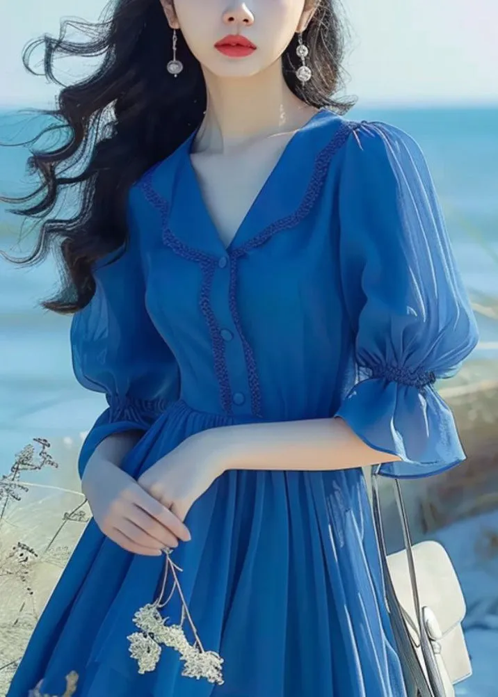 FLYTONN- Elegant Blue Peter Pan Collar Button Chiffon Dress Flare Sleeve ZL022