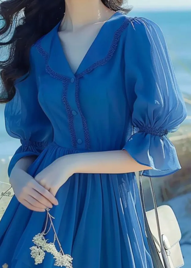 FLYTONN- Elegant Blue Peter Pan Collar Button Chiffon Dress Flare Sleeve ZL022