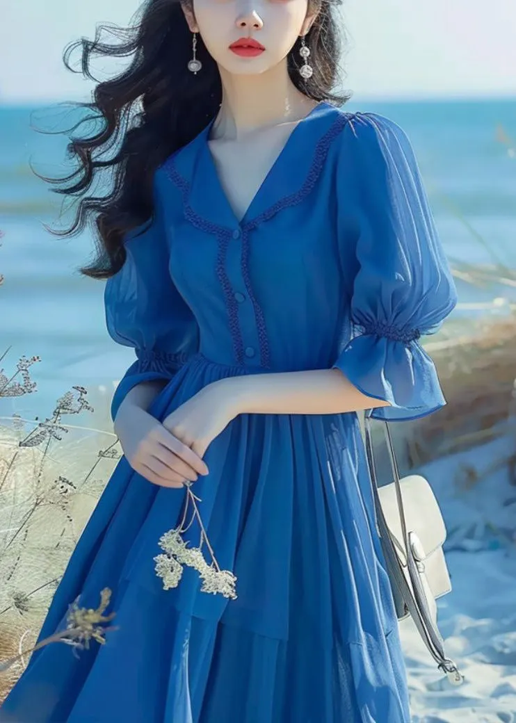 FLYTONN- Elegant Blue Peter Pan Collar Button Chiffon Dress Flare Sleeve ZL022