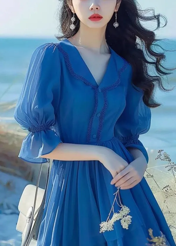 FLYTONN- Elegant Blue Peter Pan Collar Button Chiffon Dress Flare Sleeve ZL022