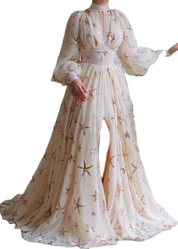 FLYTONN- Novelty Beige Sequins Side Open Chiffon Long Dress Lantern Sleeve WW1037