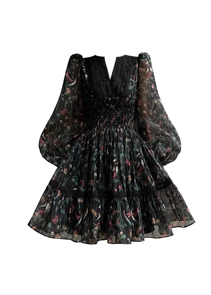 FLYTONN- Women Black V Neck Print Lace Patchwork Chiffon Short Dress Long Sleeve XX094