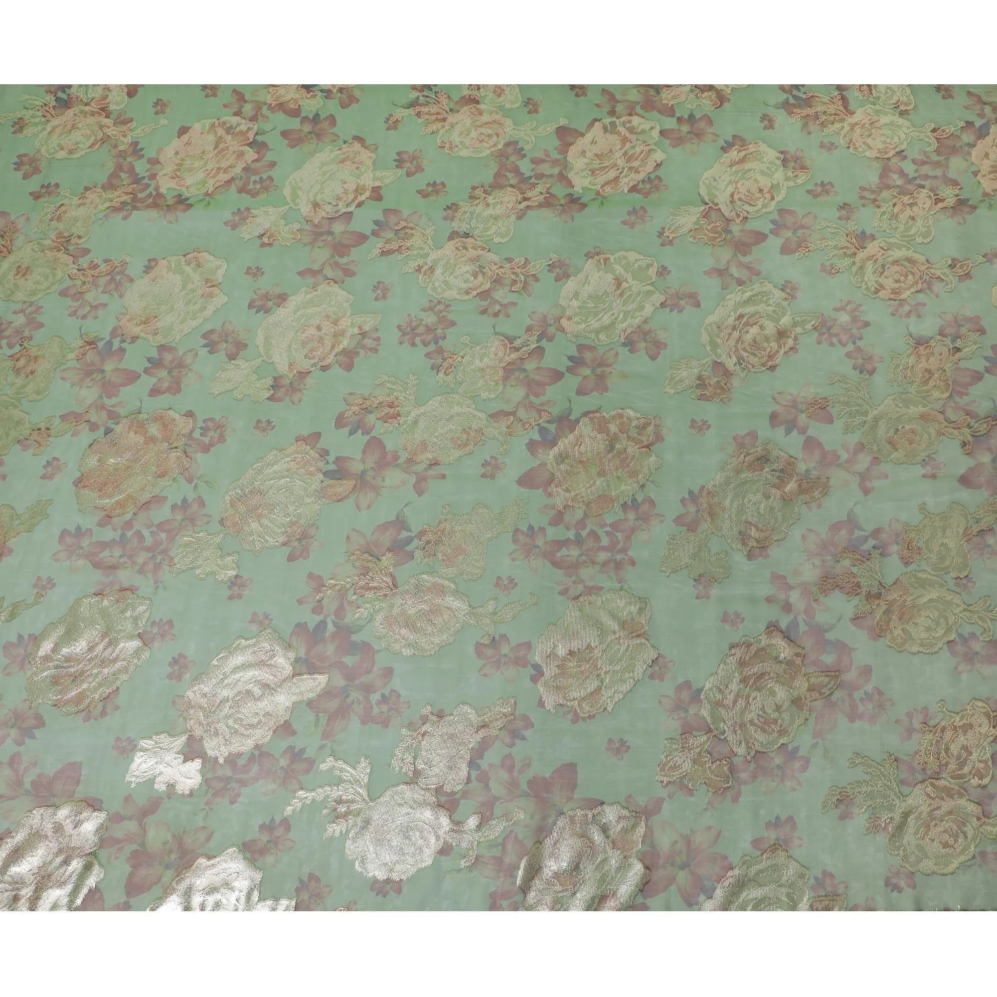 Forest green premium pure silk chiffon fabric with brown print having gold metallic lurex in floral design-D10782