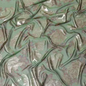 Forest green premium pure silk chiffon fabric with brown print having gold metallic lurex in floral design-D10782