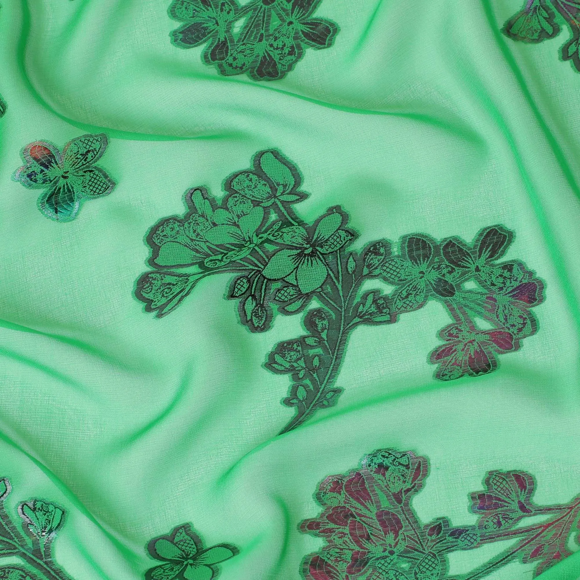 Forest green premium pure silk chiffon fabric with multitone metallic lurex in floral design-D9662