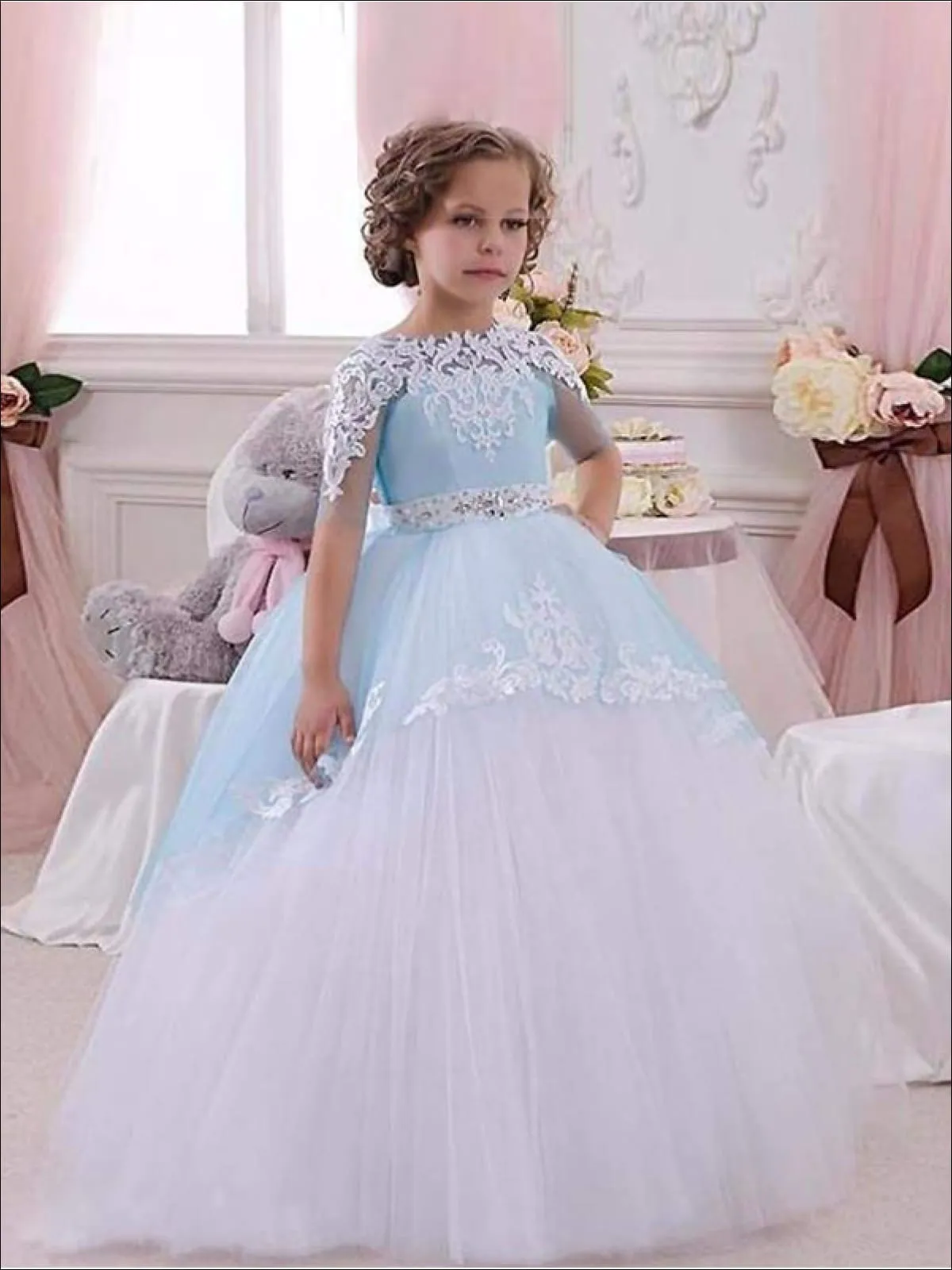 Girls Blue And White Lace And Tulle Flower Girls Pageant Style Gown Communion Dress