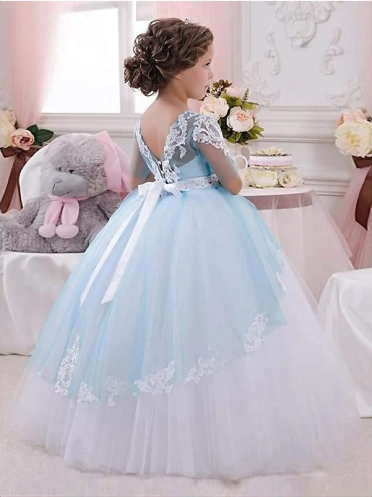 Girls Blue And White Lace And Tulle Flower Girls Pageant Style Gown Communion Dress