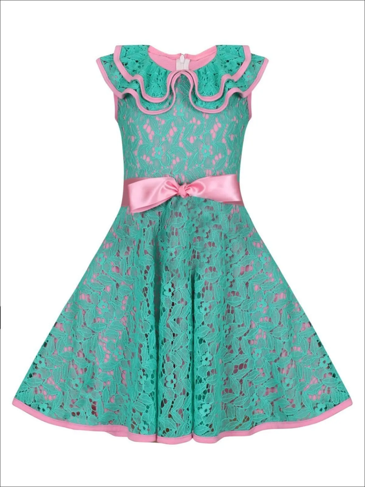 Girls Lace Ruffled Double Layer Collar Dress with Satin Sash