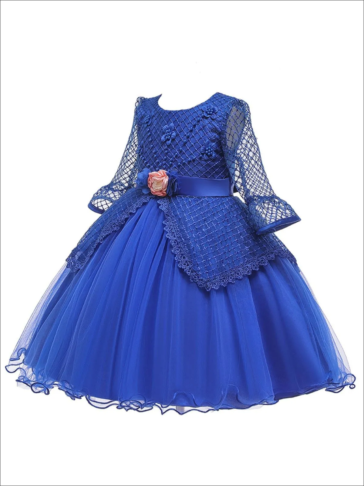 Girls Long Sleeve Lace Princess Holiday Dress With Flower Sash