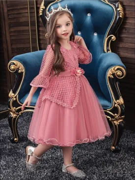 Girls Long Sleeve Lace Princess Holiday Dress With Flower Sash