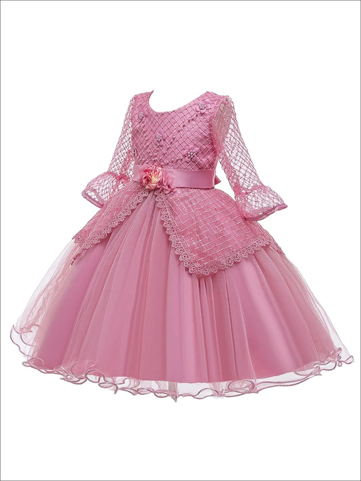 Girls Long Sleeve Lace Princess Holiday Dress With Flower Sash