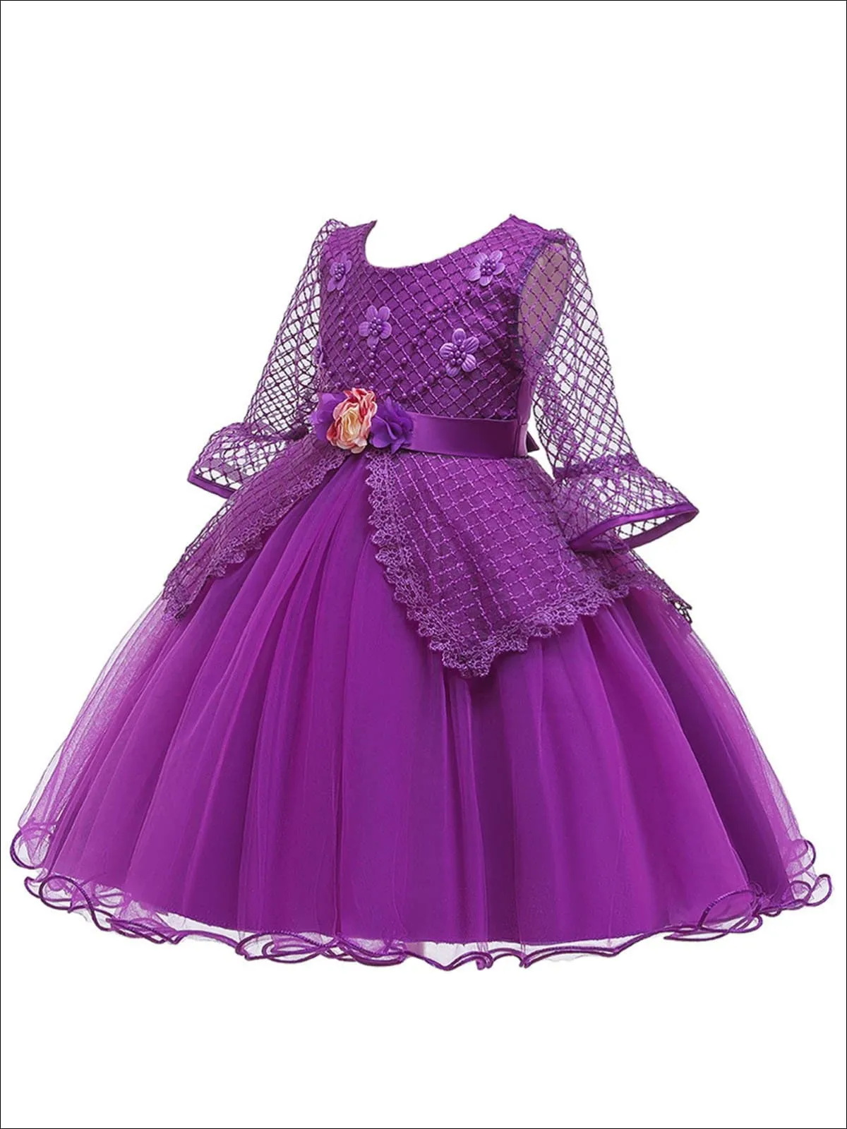 Girls Long Sleeve Lace Princess Holiday Dress With Flower Sash