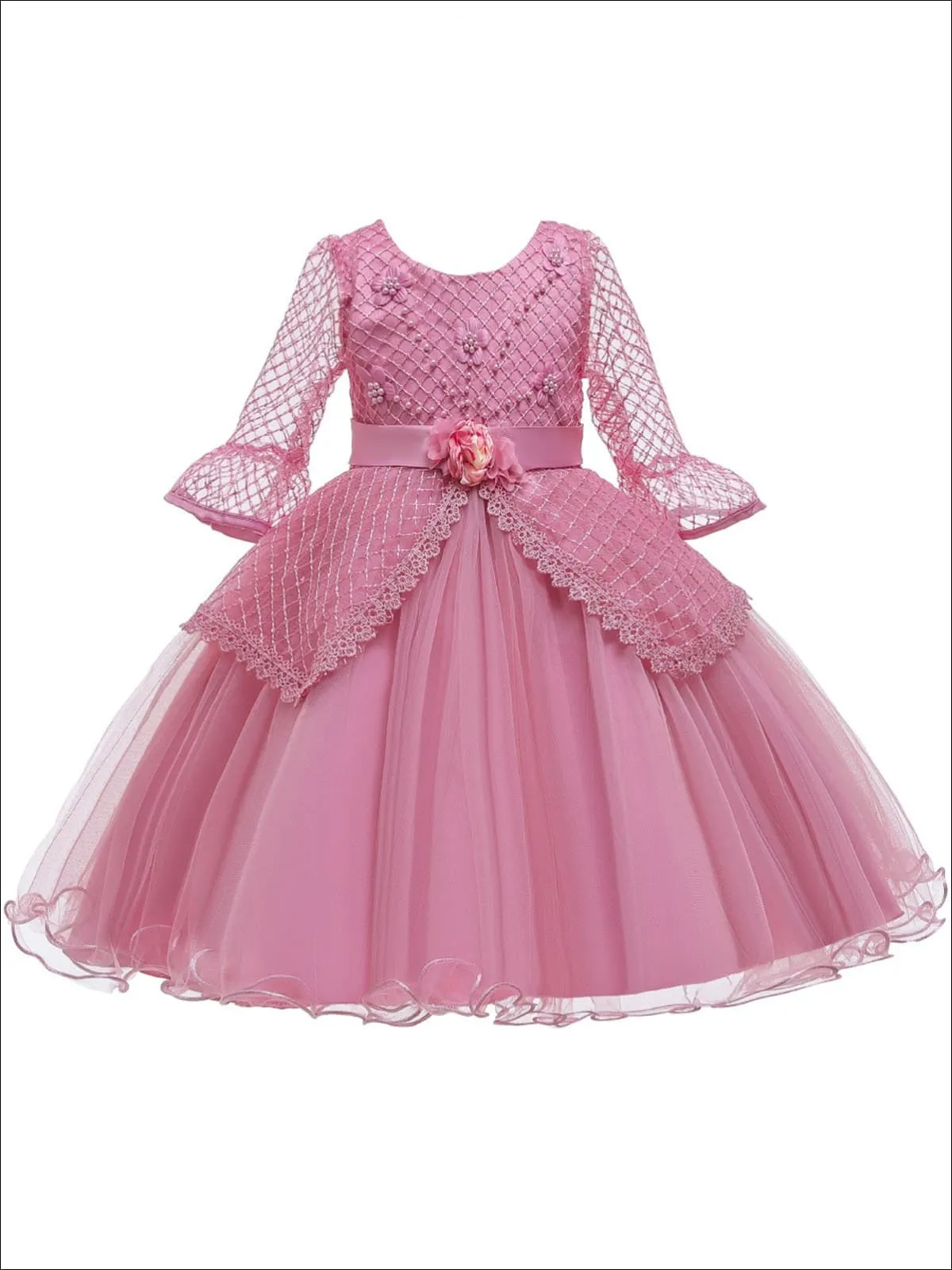 Girls Long Sleeve Lace Princess Holiday Dress With Flower Sash