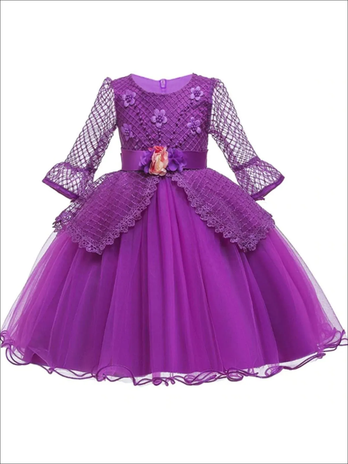 Girls Long Sleeve Lace Princess Holiday Dress With Flower Sash