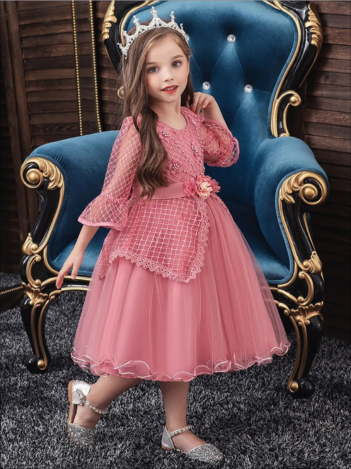 Girls Long Sleeve Lace Princess Holiday Dress With Flower Sash