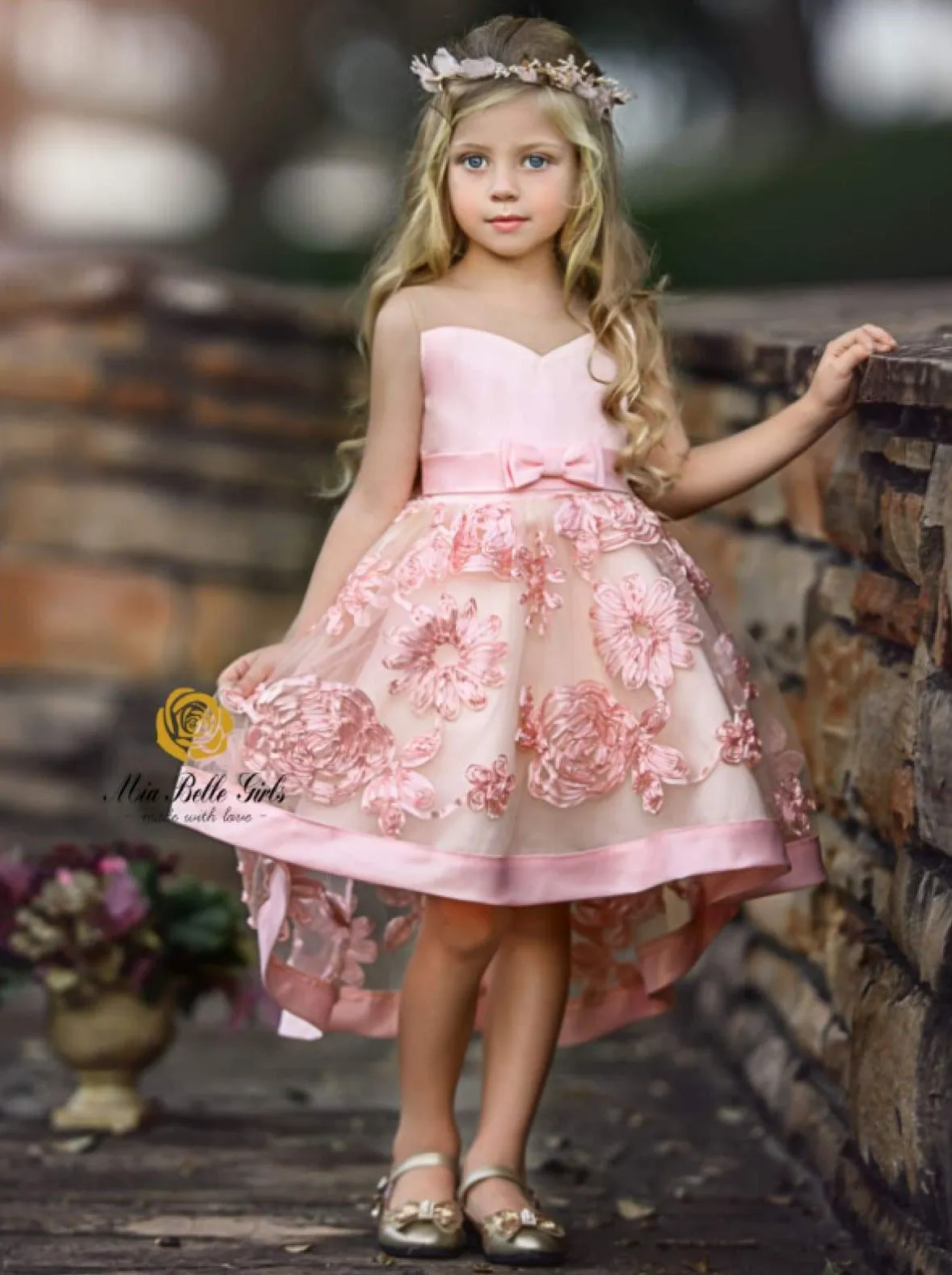 Girls Pink Sleeveless Embroidered Chiffon Hi-Low Special Occasion Dress