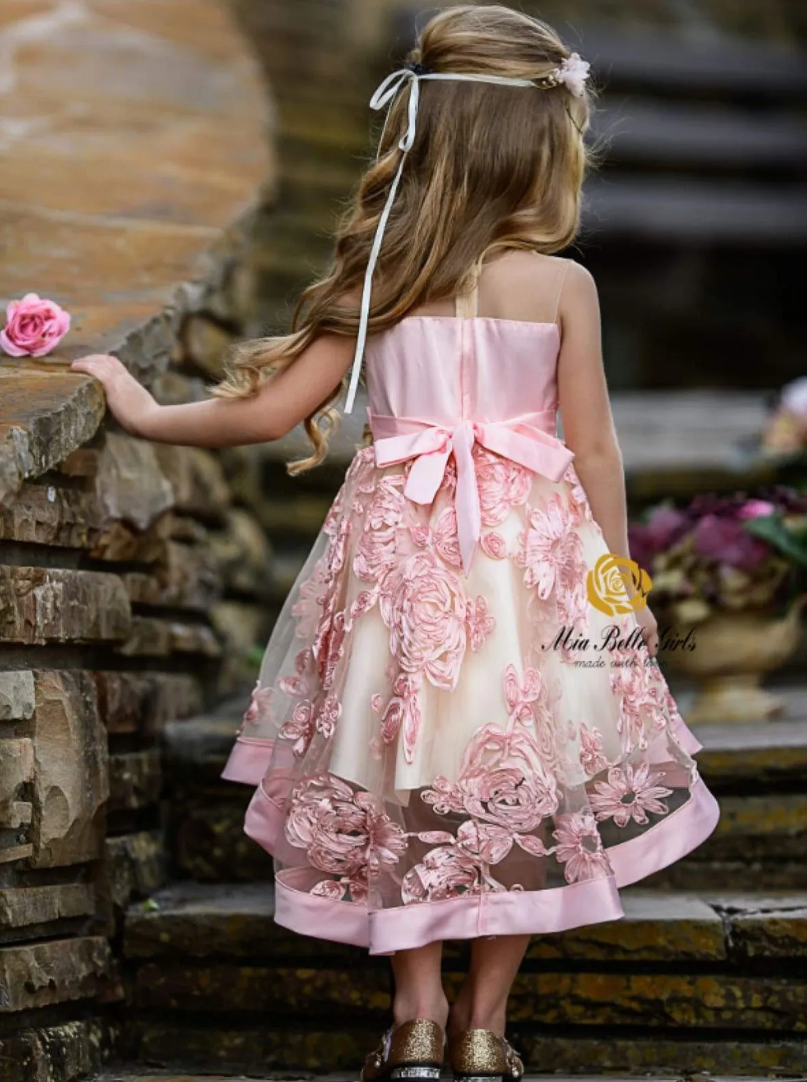 Girls Pink Sleeveless Embroidered Chiffon Hi-Low Special Occasion Dress