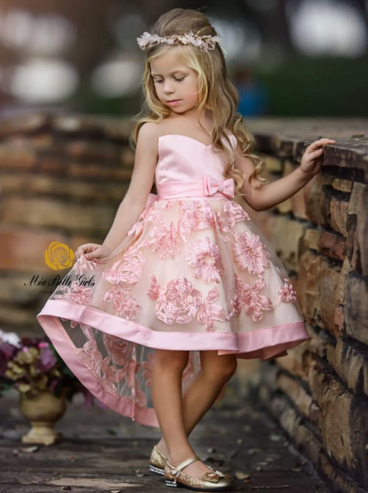 Girls Pink Sleeveless Embroidered Chiffon Hi-Low Special Occasion Dress