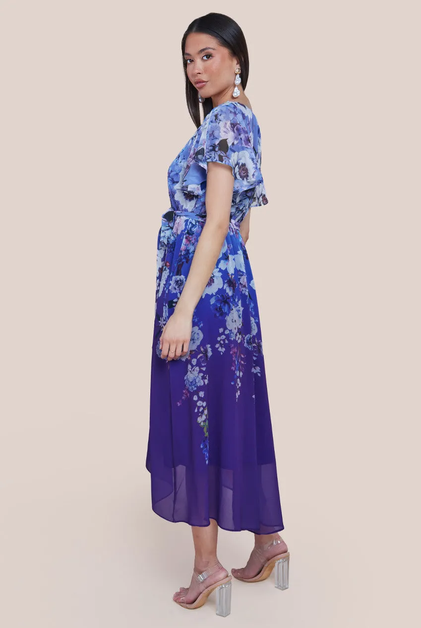 Goddiva Flutter Sleeve A-Line Chiffon Floral Printed Midi Dress