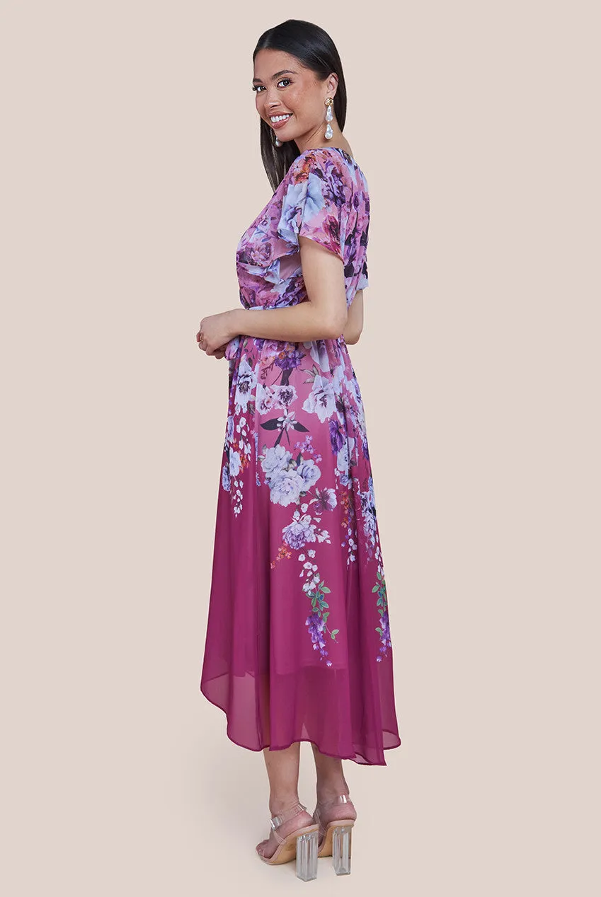 Goddiva Flutter Sleeve A-Line Chiffon Floral Printed Midi Dress