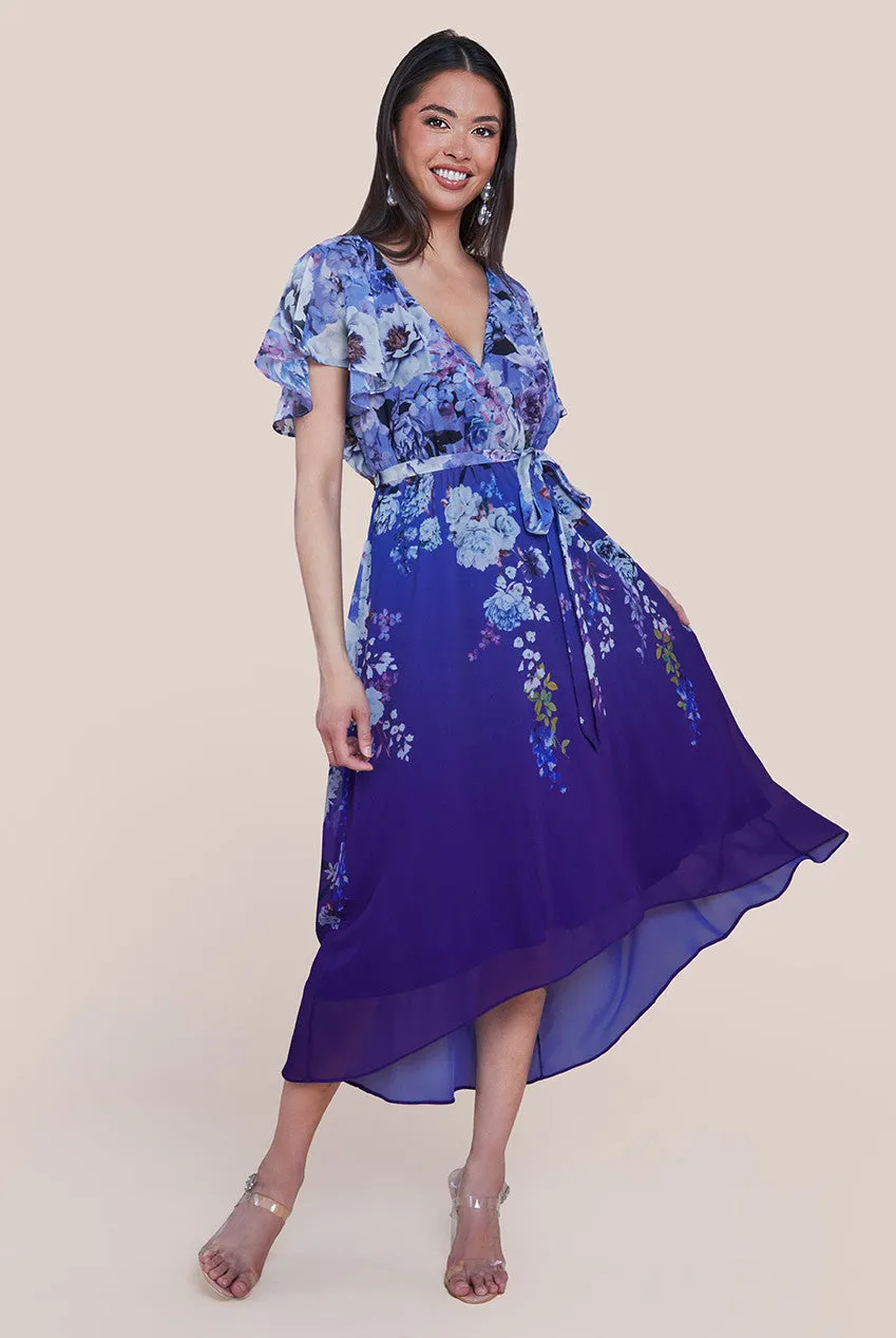 Goddiva Flutter Sleeve A-Line Chiffon Floral Printed Midi Dress