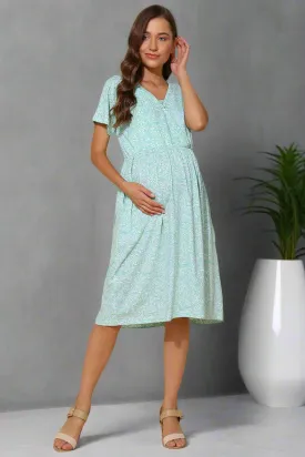 Green All Over Printed 100% Soft Cotton Zipless Maternity Feeding Dress