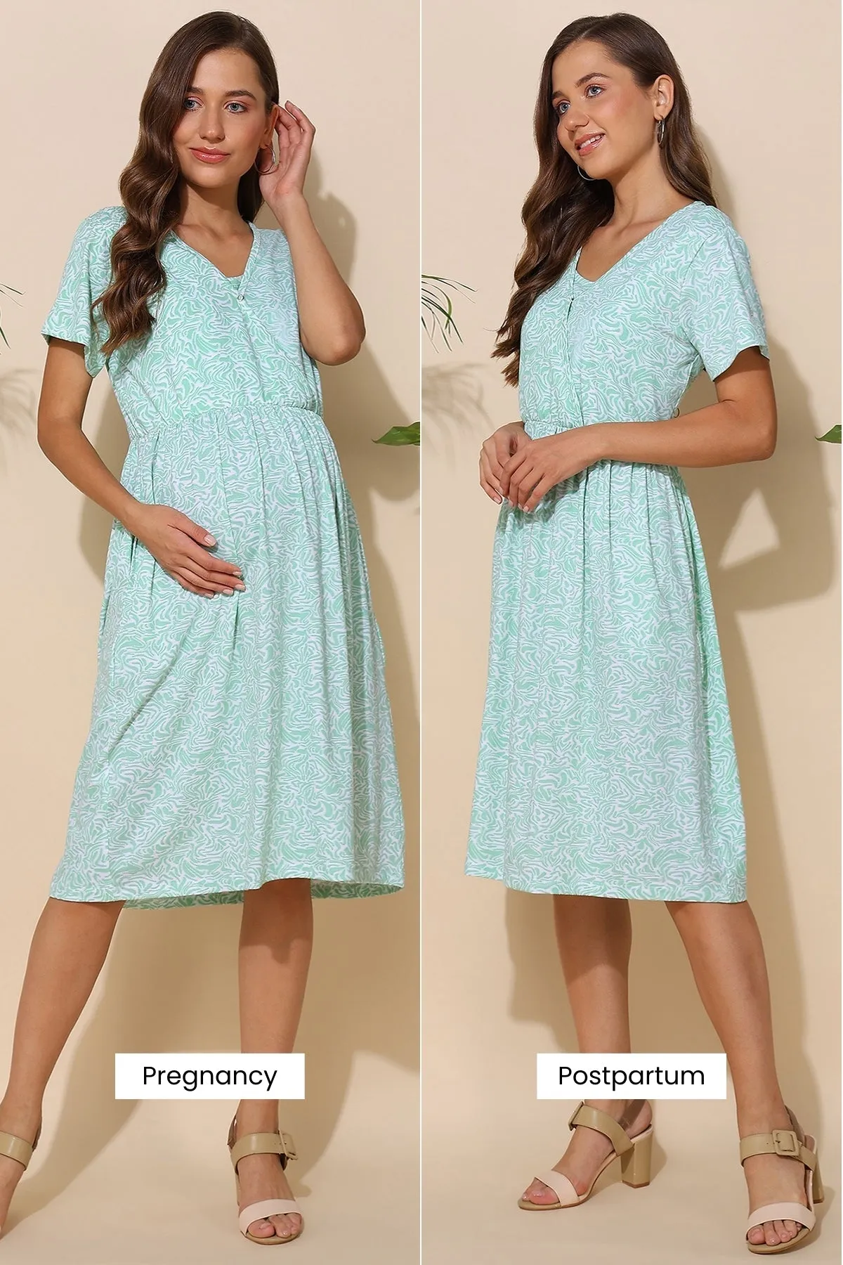 Green All Over Printed 100% Soft Cotton Zipless Maternity Feeding Dress