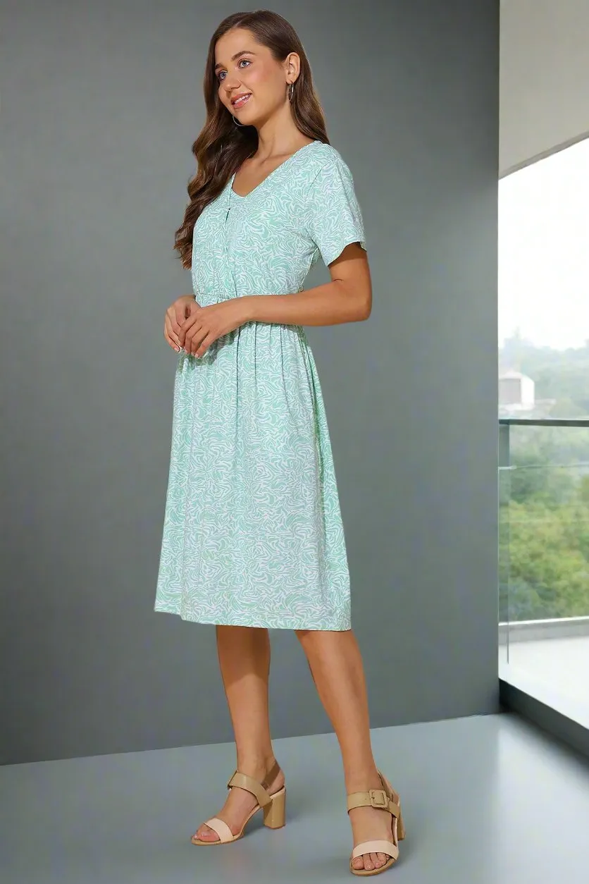 Green All Over Printed 100% Soft Cotton Zipless Maternity Feeding Dress