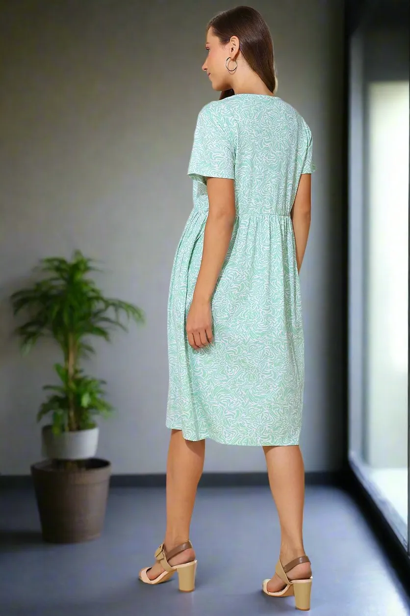 Green All Over Printed 100% Soft Cotton Zipless Maternity Feeding Dress