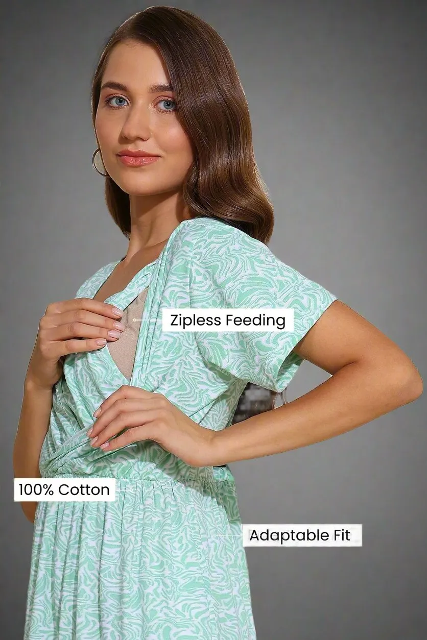 Green All Over Printed 100% Soft Cotton Zipless Maternity Feeding Dress