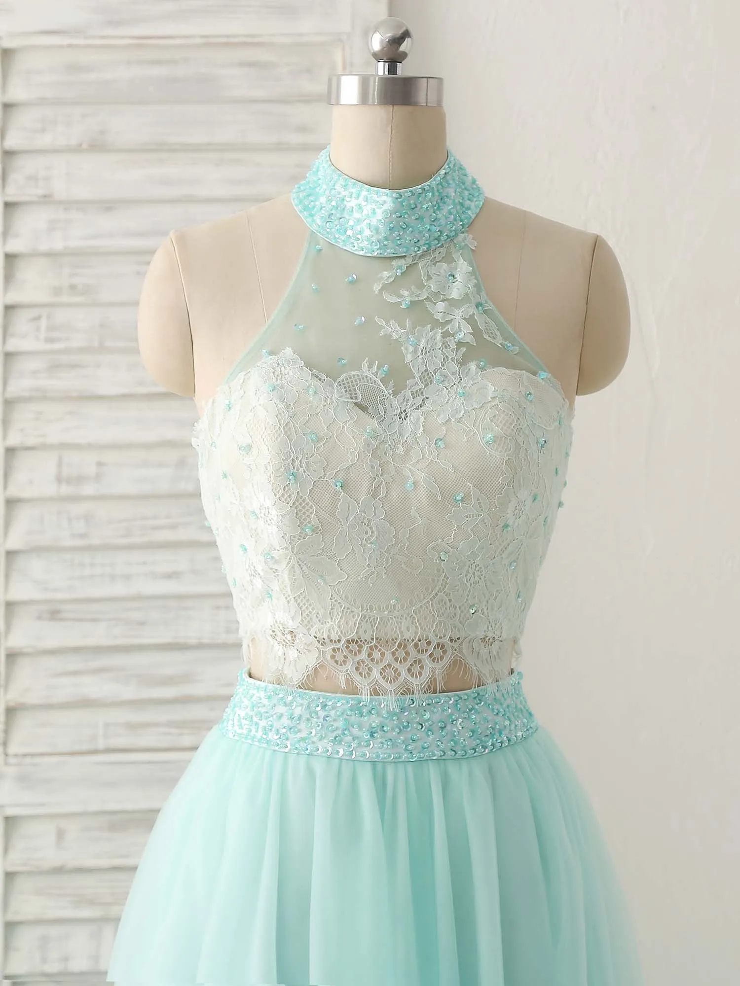 Green Tulle Two Pieces Long Prom Dress Lace Beads Formal Dress