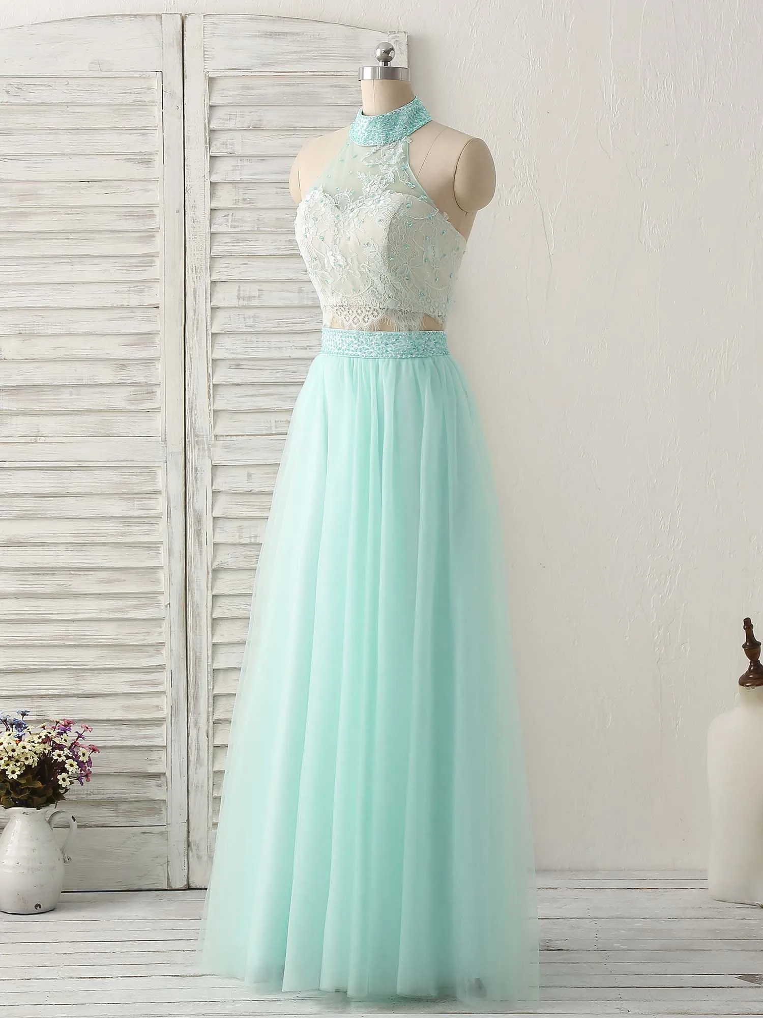 Green Tulle Two Pieces Long Prom Dress Lace Beads Formal Dress