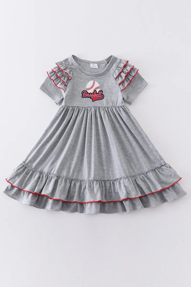 Grey baseball applique ruffle dress