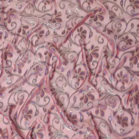 Hot pink Premium pure changent silk chiffon fabric with same tone, blue viscose having gold metallic lurex in floral design-D14643