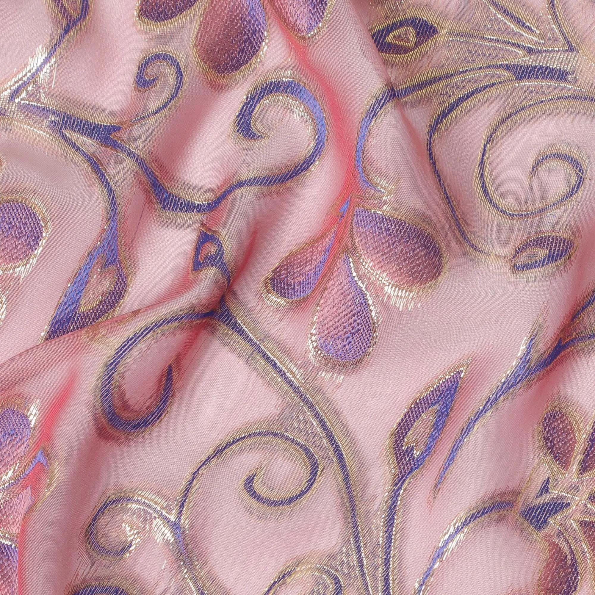 Hot pink Premium pure changent silk chiffon fabric with same tone, blue viscose having gold metallic lurex in floral design-D14643