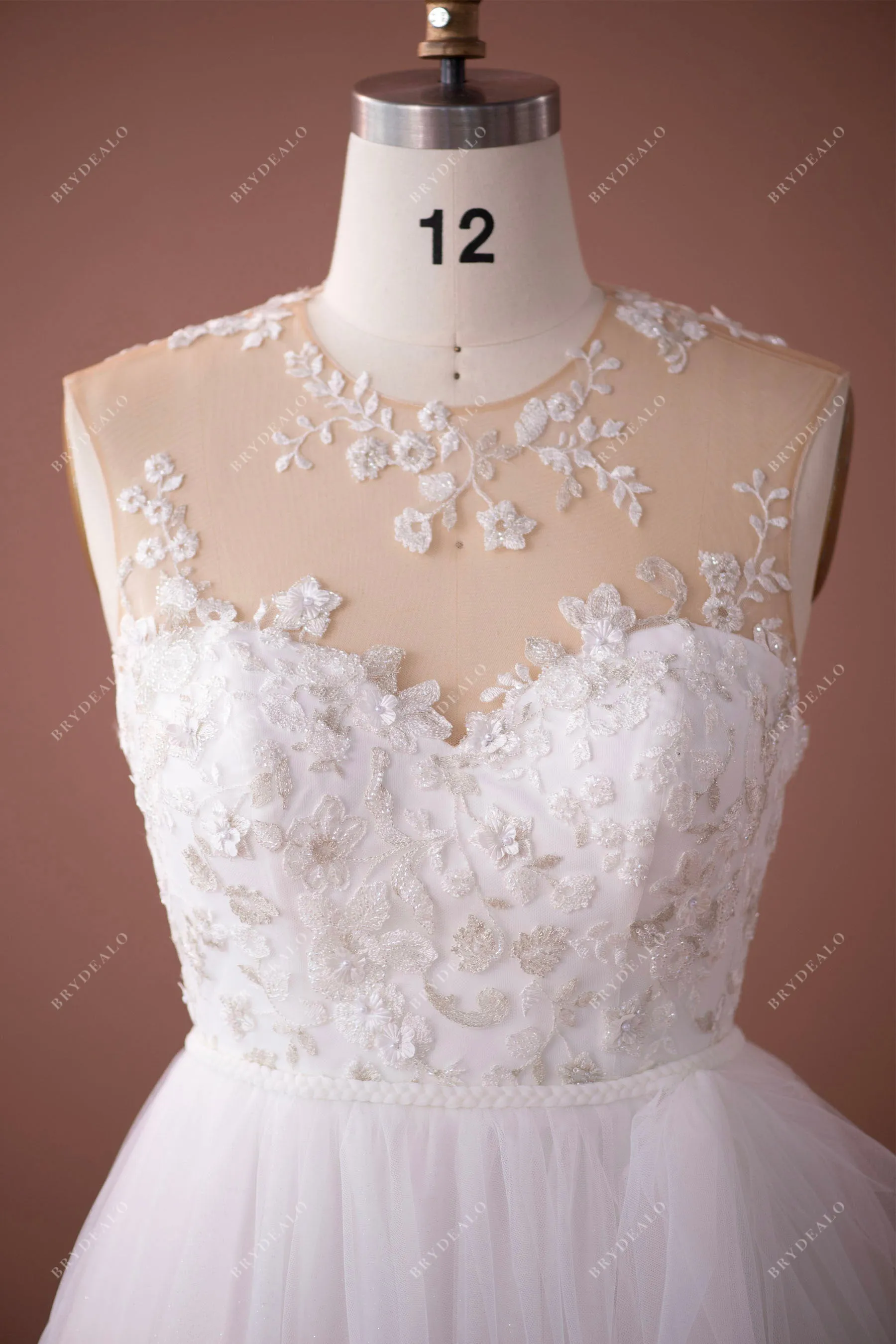 Illusion Neck Romantic Beaded Flower Lace Shimmery Wedding Dress