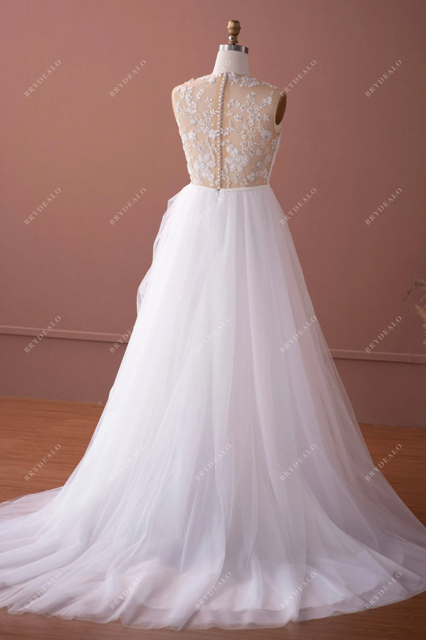 Illusion Neck Romantic Beaded Flower Lace Shimmery Wedding Dress