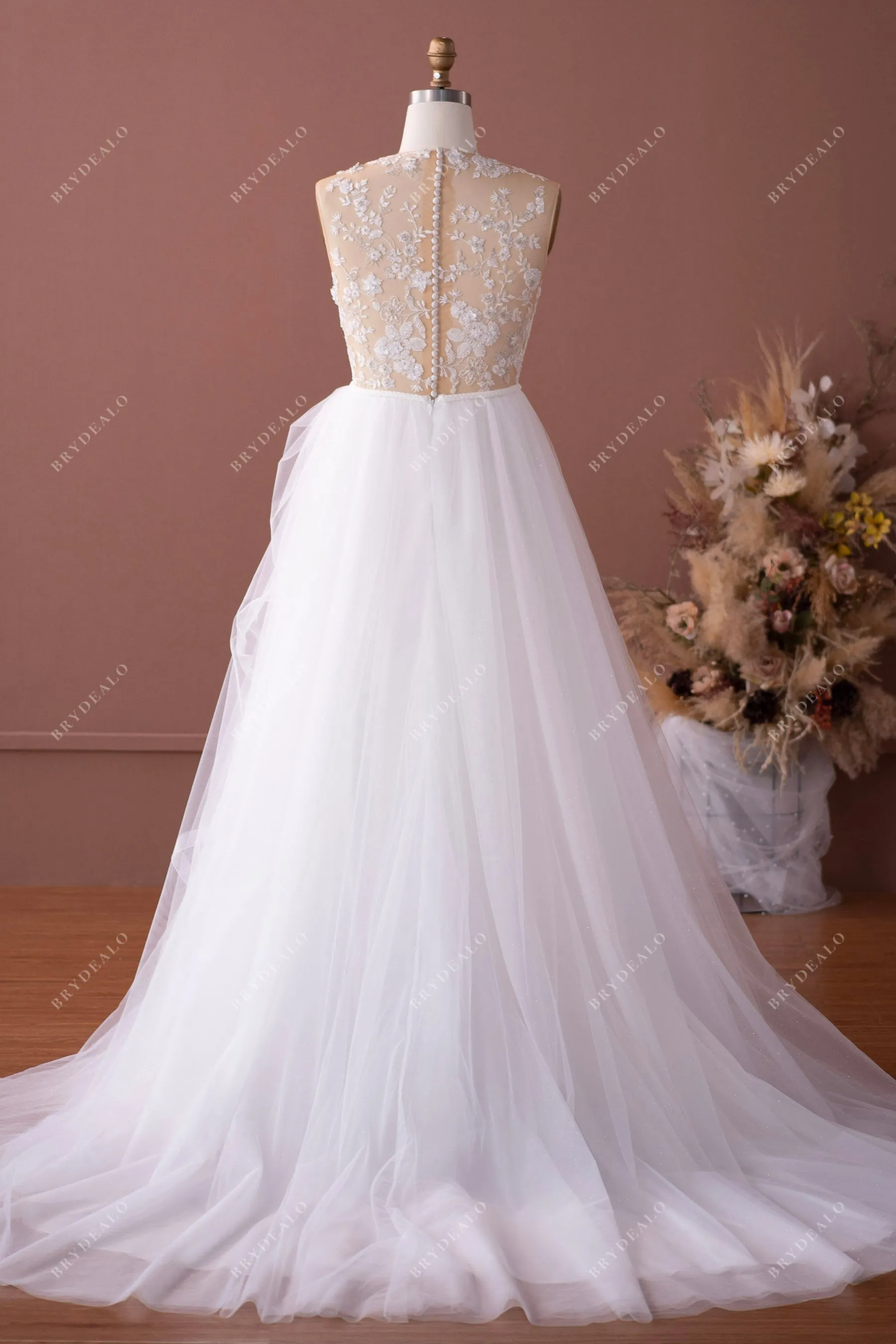 Illusion Neck Romantic Beaded Flower Lace Shimmery Wedding Dress