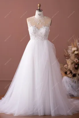 Illusion Neck Romantic Beaded Flower Lace Shimmery Wedding Dress