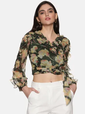 IS.U Floral Green Wrap Crop Top