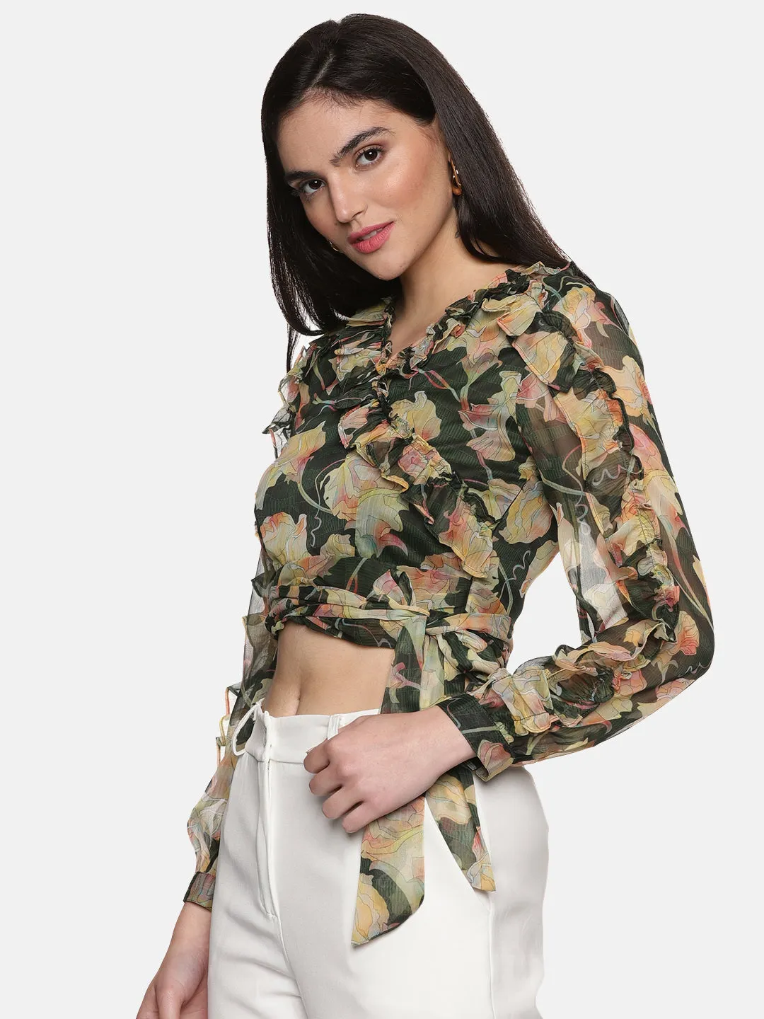 IS.U Floral Green Wrap Crop Top