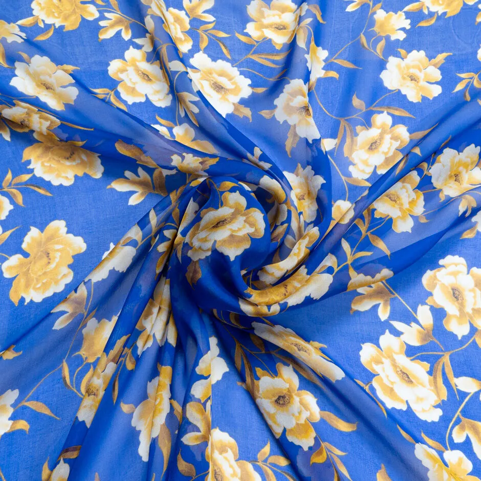 Ivory & Yellow Floral Printed Royal Blue Silk Chiffon