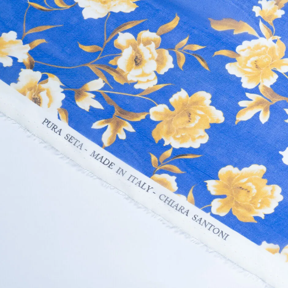 Ivory & Yellow Floral Printed Royal Blue Silk Chiffon