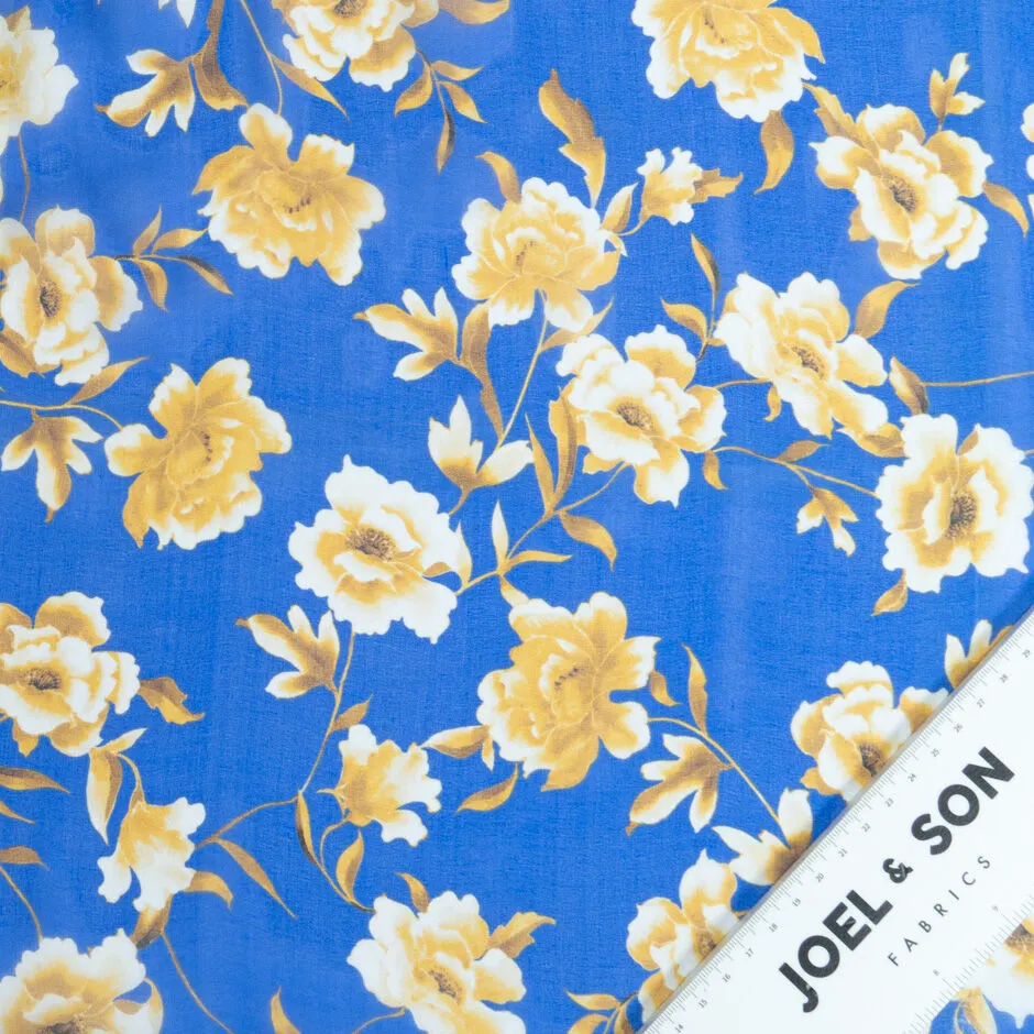 Ivory & Yellow Floral Printed Royal Blue Silk Chiffon