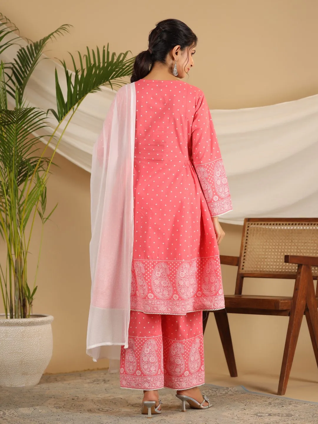 Jashvi Pure Cotton Coral Ethnic Motif Printed Kurta With Palazzo Set With Thread Embroidery