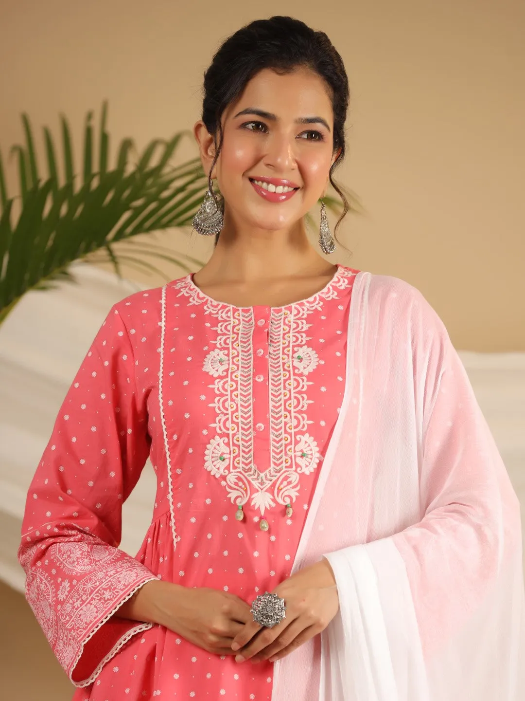 Jashvi Pure Cotton Coral Ethnic Motif Printed Kurta With Palazzo Set With Thread Embroidery