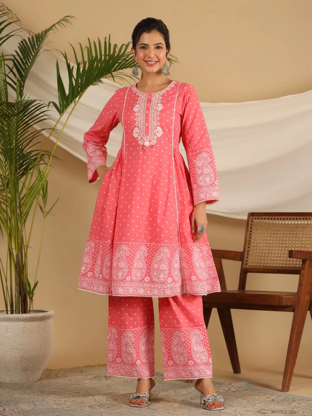 Jashvi Pure Cotton Coral Ethnic Motif Printed Kurta With Palazzo Set With Thread Embroidery