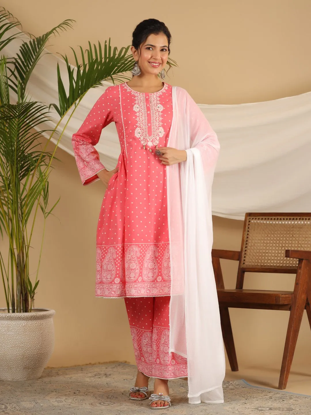 Jashvi Pure Cotton Coral Ethnic Motif Printed Kurta With Palazzo Set With Thread Embroidery