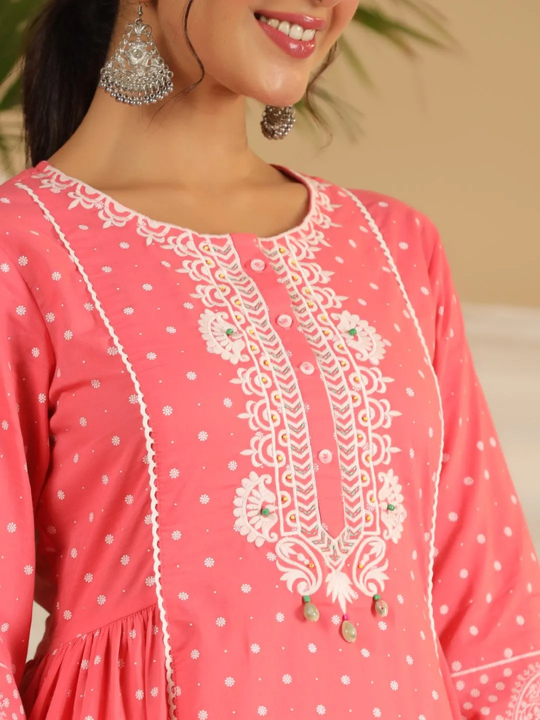 Jashvi Pure Cotton Coral Ethnic Motif Printed Kurta With Palazzo Set With Thread Embroidery